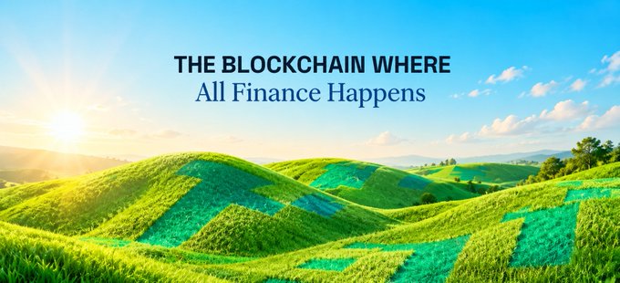 The image shows rolling green hills under a bright blue sky with the text "THE BLOCKCHAIN WHERE All Finance Happens," likely depicting a vast, unified landscape as a metaphor for TxFlow L1's integrated approach to unifying fragmented financial rails on a single blockchain layer.