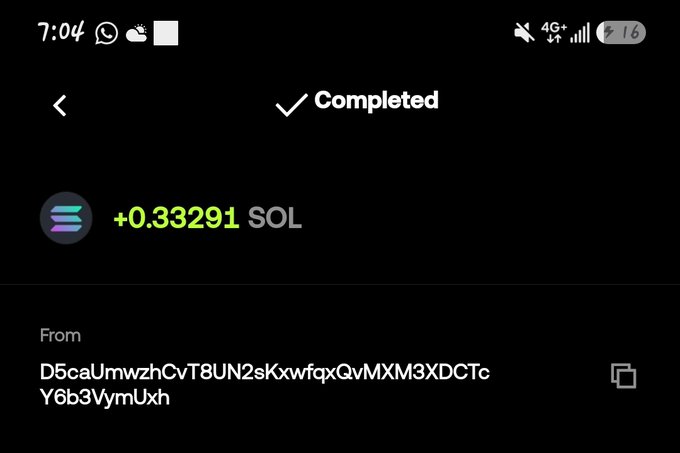 A phone screenshot of a completed crypto transaction showing a receipt of "+0.33291 SOL" sent from the wallet address "D5caUmwzhCvT8UN2sKxwfqxQvMXM3XDC7cY6b3VrmUxh," likely a Solana airdrop reward the user credited to the influencer Ansem.