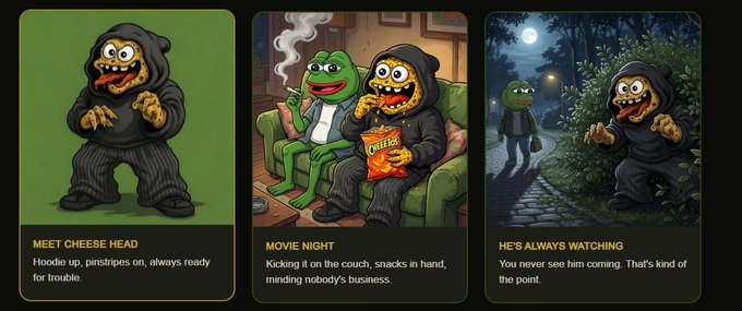 Three cartoon character cards featuring 'Cheese Head', a figure in a black hoodie, with captions: 'MEET CHEESE HEAD - Hoodie up, pinstripes on, always ready for trouble.', 'MOVIE NIGHT - Kicking it on the couch, snacks in hand, minding nobody's business.', and 'HE'S ALWAYS WATCHING - You never see him coming. That's kind of the point.'