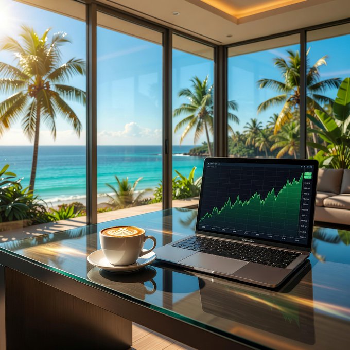 A laptop on a glass desk displaying a green upward-trending stock chart, with a cup of latte art coffee beside it, overlooking a tropical beach with palm trees through large windows.