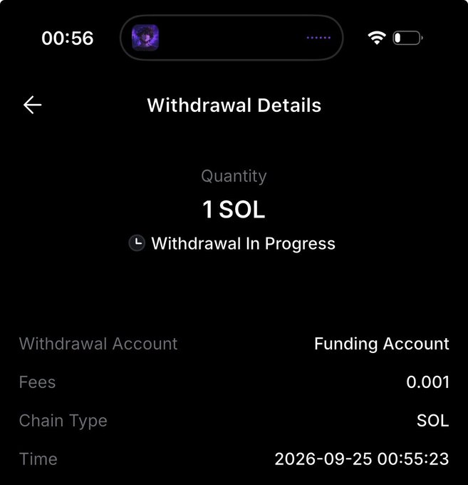 A mobile app screenshot showing a 'Withdrawal Details' page for 1 SOL on the SOL chain with a 0.001 fee, status 'Withdrawal In Progress', dated 2026-09-25.