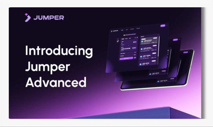 The image is a promotional graphic announcing "Introducing Jumper Advanced," featuring the Jumper logo alongside stylized device mockups (desktop and mobile) displaying the platform's interface against a dark purple gradient background. It visually supports the post by highlighting Jumper's latest product upgrade, complementing the excitement about the team's rapid pace of shipping new features and platform enhancements.