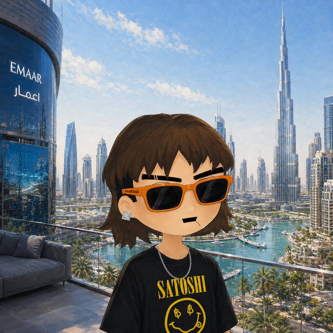 A digital illustration of an anime-style character wearing orange sunglasses and a black 'SATOSHI' t-shirt with a Bitcoin-style logo, set against a Dubai skyline featuring the Burj Khalifa and EMAAR building.