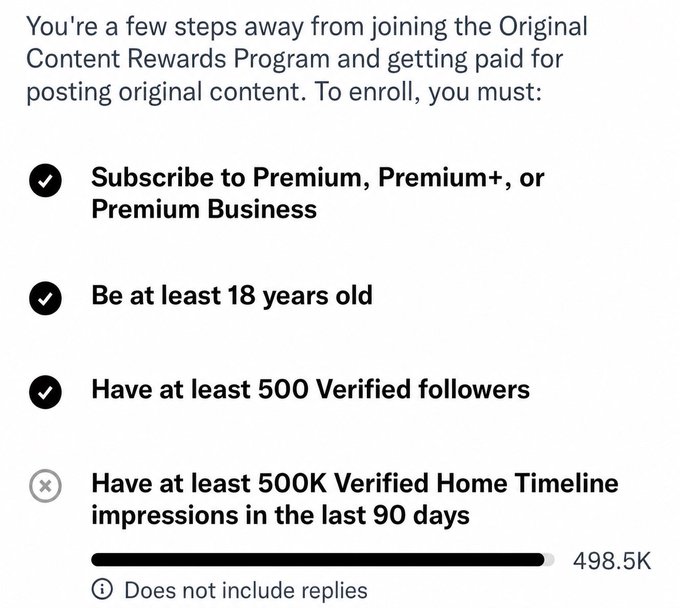 A screenshot showing Twitter/X's Original Content Rewards Program enrollment requirements, with checkmarks for Premium subscription, being 18+, and 500 followers, and a progress bar showing 498.5K out of 500K needed home timeline impressions.