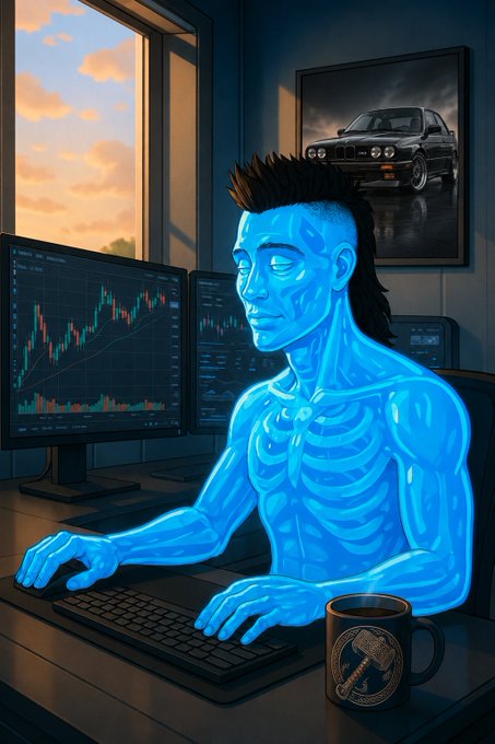 A muscular, blue-skinned anthropomorphic figure with a mohawk sits at a desk working on dual monitors displaying financial candlestick charts, symbolizing the discipline and focus required for trading; behind him hangs a framed poster of a black BMW, representing a financial aspiration or goal, while a coffee mug rests nearby and warm sunset light pours through the window, visually reinforcing the "GM Gang" post's message about starting the new week with fresh energy, discipline, and execution.