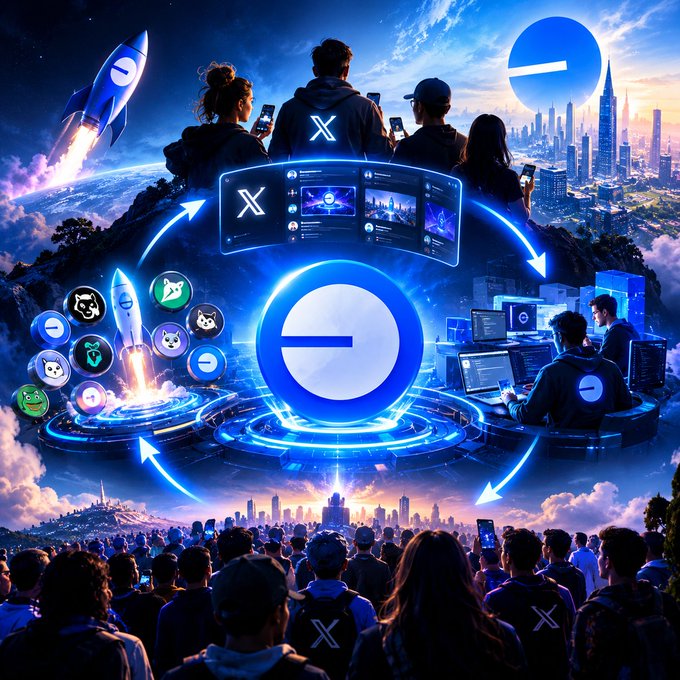 Futuristic illustration showing people gathered around glowing screens with an 'X' logo, a rocket launching, and a large prohibition/no-entry icon in the center, suggesting a crypto or social media launch campaign.