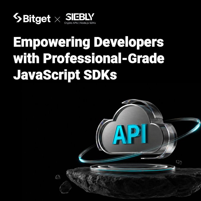 Bitget x SIEBLY promotional graphic with the text 'Empowering Developers with Professional-Grade JavaScript SDKs' and a 3D metallic cloud displaying 'API'.