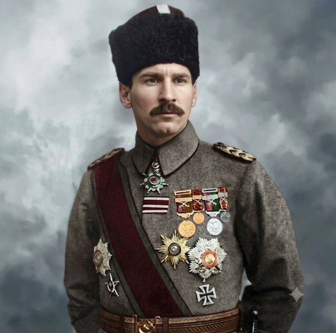 A colorized portrait of a mustachioed military officer wearing a fur papakha hat and an elaborate uniform adorned with medals and an Iron Cross, presented as a "General GOAT" mascot to promote the $GGOAT Solana meme coin airdrop.