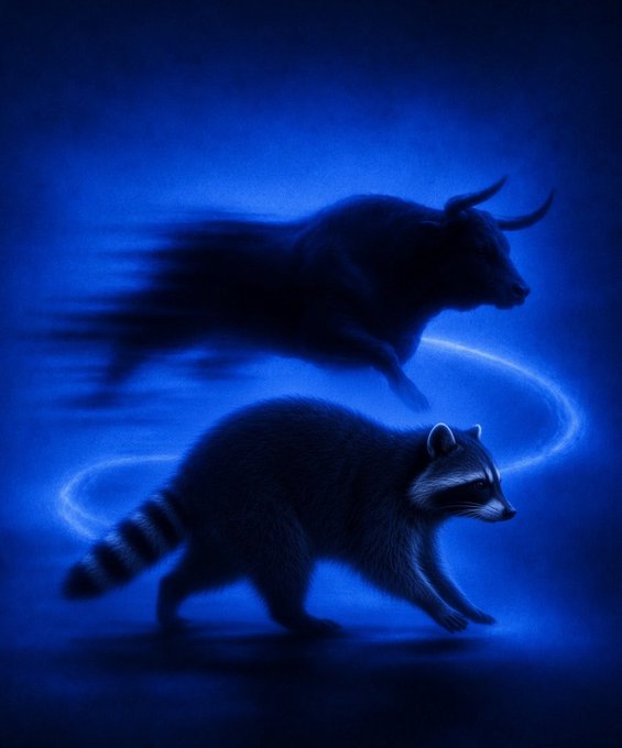 A shadowy bull races forward in a blur of motion above a stalking raccoon, both cast in deep blue tones with an ethereal glowing trail swirling between them—evoking the wild, unpredictable energy of "Jimothy Market." The contrasting creatures, one charging and one prowling, capture the bullish vs. cautious tension that defines volatile market sentiment.