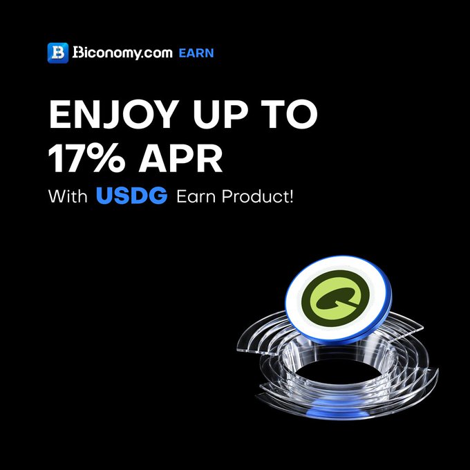 The image features a coin with a green logo, which appears to be a symbol for USDCG Earn product. The background of the image is black, making the coin stand out prominently. The text "biconomy.zendesk.com/hc/en-us/artic ..." suggests that this is an advertisement or promotional material related to the USDCG Earn product.