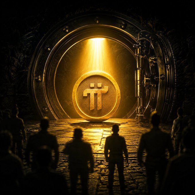 A group of shadowy figures stand before a massive vault door, illuminated by a glowing golden spotlight that reveals a large coin bearing the "π" (Pi) symbol inside the chamber, visually reinforcing the post's message about Pi coin's projected supply unlock schedule and the dramatic reduction in monthly unlocks by 2029.

Key visual elements: the "π" symbol prominently displayed on the coin within the vault, the imposing bank vault door, and silhouettes of onlookers drawn to the rare sight.