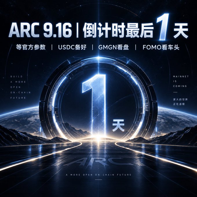 A futuristic space-themed countdown graphic displays "ARC 9.16 | 倒计时最后1天" (Final 1 Day Left) with a glowing "1" at the center of a circular portal, accompanied by the tagline "BUILD A MORE OPEN ON-CHAIN FUTURE" and "MAINNET IS COMING." The image visually reinforces the post's message, highlighting the imminent Arc mainnet launch with 1 day remaining and noting key features like USDC readiness and GMGN integration.
