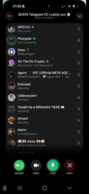A screenshot of a Telegram voice chat named '$CATE Telegram VC' with 1000 participants, showing a list of members with usernames like HPD123, Sean, and 'On The Go Crypto' and call control options like speaker and mute.