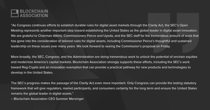 A black graphic featuring a statement from the Blockchain Association, quoting CEO Summer Mersinger regarding the SEC's Open Meeting and the importance of the Clarity Act for digital asset markets.