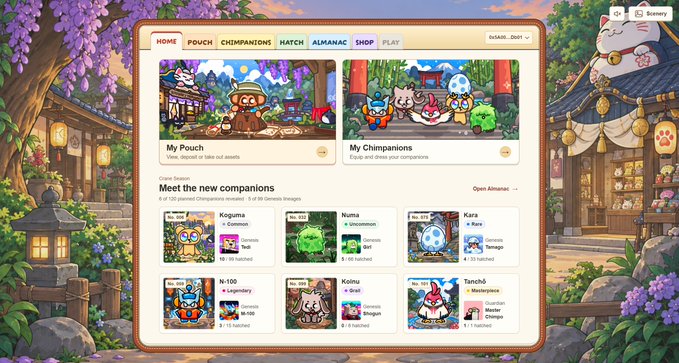 A webpage screenshot for an 'Almanac' NFT collection showing various character cards like Koguma, Nutta, and Kiara in a Japanese-themed setting.