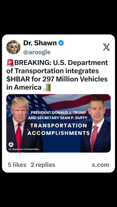 A tweet from Dr. Shawn (@aroogle) claims the U.S. Department of Transportation is integrating $HBAR (Hedera) for 297 million vehicles, featuring an image of President Donald Trump and Secretary Sean P. Duffy promoting "Transportation Accomplishments" alongside the accompanying post's discussion of USDOT's new Automated Vehicle strategy and Director Taylor Lochrane's Hedera-related patent.