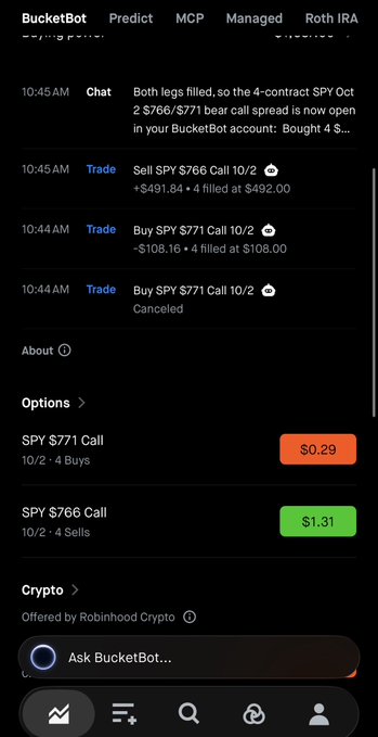 A screenshot of the Robinhood app showing the BucketBot interface with options trades including 'Sell SPY $766 Call 10/2 +$491.84' and 'Buy SPY $771 Call 10/2 -$108.16,' along with chat messages about opening bear call spreads.