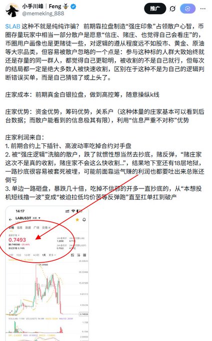 A Chinese-language crypto analysis post by user 小手川峰 (@memetng_888) criticizing $LAB on LABUSDT as a pump-and-dump scheme ("拉高出货"), highlighting a price drop to 0.7493 with a candlestick chart showing its decline, which aligns with the post's claim of the coin crashing from 24u to around 0.18u after exposing the scam.