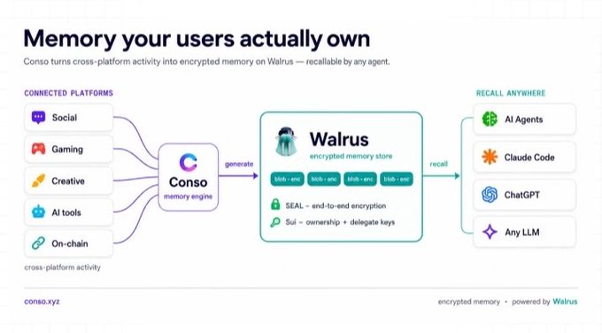 The image presents a detailed diagram of the steps involved in securing an IP address using a protocol called Walrus Protocol, which allows users' memory to be securely stored. It also highlights that this method is used by agents across different ecosystems for managing their own identity and reputation. The image also mentions that Agentic Memory is coming soon, enabling the user's memory to be transferred from one environment to another with ease. This will ensure seamless information transfer between various platforms without compromising security or user control over their data.