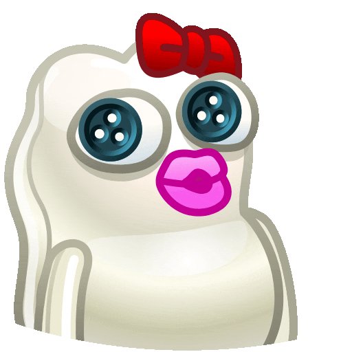 The image features a white, cartoon-like creature with big eyes and a red bow around its neck. It appears to be wearing a pink lipstick and has a surprised expression on its face as if it's been hit by an ATH. The creature is positioned in front of a white background, which contrasts with the colorful character.