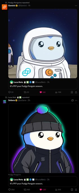 Two Twitter posts featuring Pudgy Penguins NFTs: 'Luca Netz' tweets a penguin astronaut with the caption 'It's PFP your Pudgy Penguin season,' and 'Solana' reposts a similar penguin wearing a beanie and jacket.