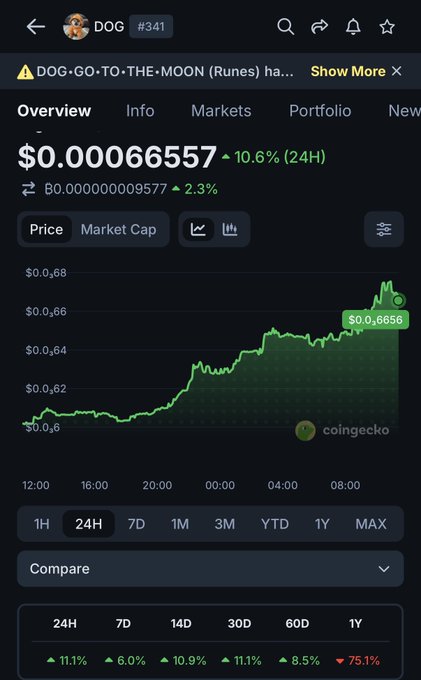A CoinGecko screenshot showing the price chart for DOG (#341, DOG•GO•TO•THE•MOON) at $0.00066557, up 10.6% in 24 hours.