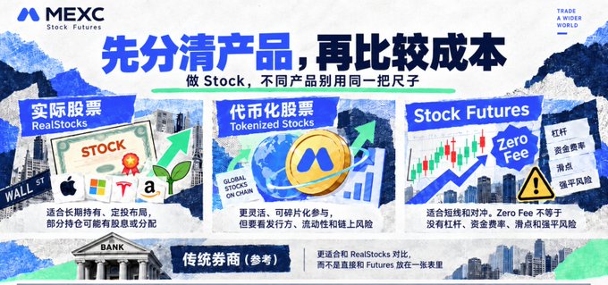 A MEXC Stock Futures promotional graphic titled '先分清产品，再比较成本' comparing RealStocks, Tokenized Stocks, and Stock Futures with Zero Fee highlights.
