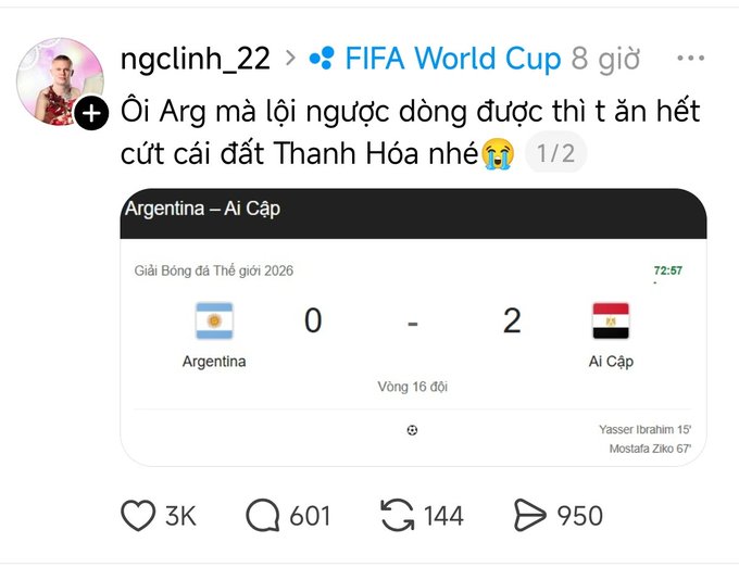 Social media post by ngclinh_22 showing Argentina vs Egypt FIFA World Cup 2026 score of 0-2 at 72:57, with the user commenting in Vietnamese about betting on Argentina's comeback.