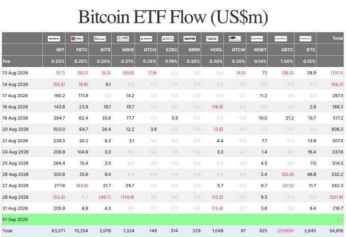 The image is a detailed Bitcoin ETF Flow table (in US$ millions) showing daily inflows and outflows across 11 spot Bitcoin ETFs from August 13 to September 1, 2026, with IBIT leading by a wide margin (Total: $63,571m) and overall net flows reaching $54,916m. On September 1, 2026 (highlighted in green), total inflows were $216.7m, with IBIT capturing $205.9m (~95%), while HODL was the only fund in red at -$13.4m, matching the post's key figures.