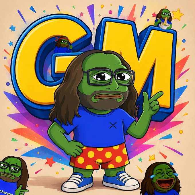A vibrant cartoon illustration featuring a green-skinned character with glasses, long hair, a blue shirt, and a yellow polka-dot skirt pointing upward, with large yellow 'GM' letters and smaller Pepe-style characters in the background.