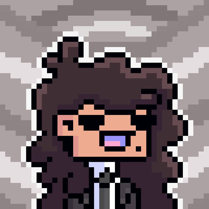 A pixel art style illustration of a person with long brown hair wearing a suit and tie, set against a muted background.