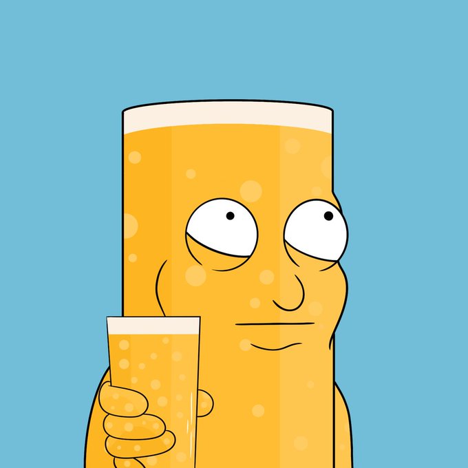 A cartoon-style illustration of an anthropomorphic pint glass of beer holding a smaller glass, featuring a face with half-closed eyes and a slight smile against a light blue background.