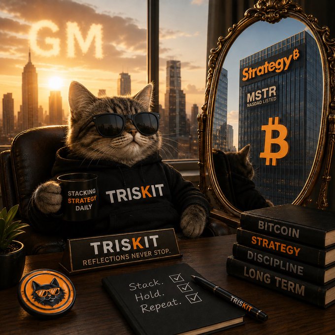 A digital illustration of a cat wearing sunglasses and a 'TRISKIT' hoodie sitting at a desk with a city skyline, a 'GM' sun, a Bitcoin logo in a mirror, and books labeled 'BITCOIN STRATEGY', 'DISCIPLINE', and 'LONG TERM'.