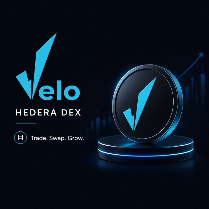 A sleek, futuristic promotional graphic displays the "Velo" logo alongside the text "HEDERA DEX" and the tagline "Trade. Swap. Grow.", featuring a glowing 3D coin on a neon-lit pedestal with an upward-trending chart in the background—visually reinforcing the post's emphasis on Velo_dApp as a decentralized trading platform for the Hedera ecosystem.