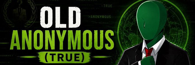 A dark-themed banner for the Solana token $True features a faceless figure in a green hood and suit beside the stylized text "OLD ANONYMOUS (TRUE)," visually playing on the Anonymous hacker motif to brand the token. The design uses green glitch effects and repeated "TRUE" and ">ANONYMOUS" text in the background to reinforce the token's ticker and mysterious aesthetic.