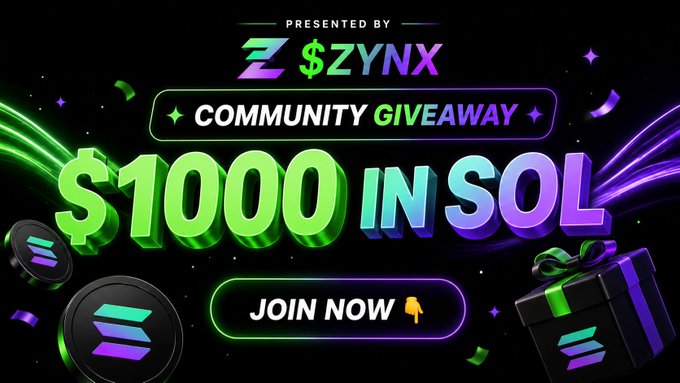 The image shows a meme coin space crowded with promises of $1,000 in Sol coins won by participants for their creative contributions. The text emphasizes that this contest is being organized by ZYNX, an exchange platform, which has decided to put something on the line for its community. The winners are chosen solely based on creativity, and they each receive a $50 reward.