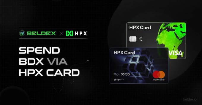 A black promotional graphic for "BELDEX × HPX" advertises "SPEND BDX VIA HPX CARD" alongside two HPX Card designs (one green Visa and one dark Mastercard).