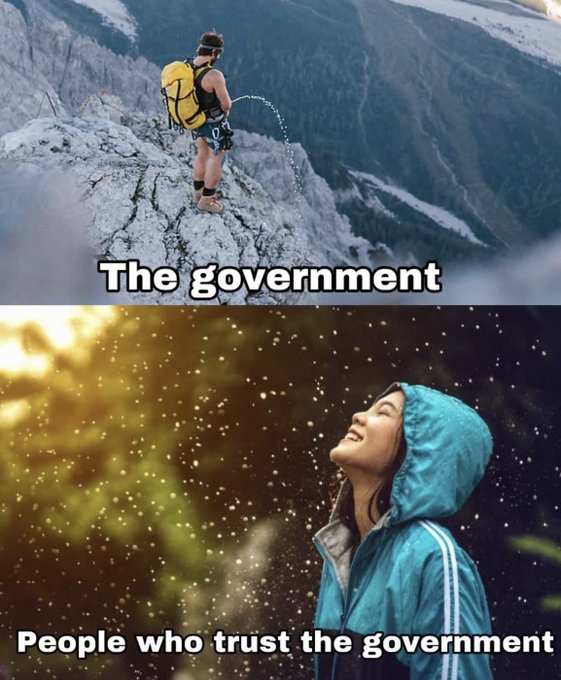 A meme using two stock photos: the top shows a person urinating off a cliff labeled "The government," while the bottom shows a smiling woman standing in the rain labeled "People who trust the government."