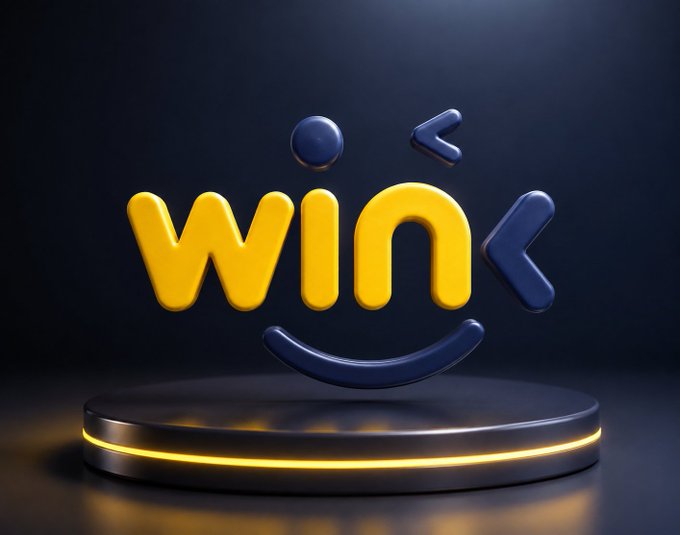 The image features a 3D glossy "WIN" logo in yellow and dark blue colors, arranged playfully on a sleek pedestal with a glowing yellow strip. The text "WIN" directly mirrors the "WINkLink_Oracle" branding mentioned in the post, visually reinforcing the project's identity as a developer-friendly oracle solution that simplifies on-chain data integration.