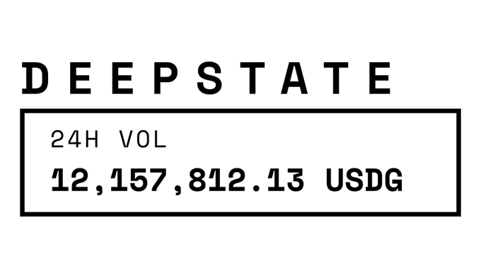 A black and white graphic displays 'DEEPSTATE' with '24H VOL' showing a value of '12,157,812.13 USDG'.