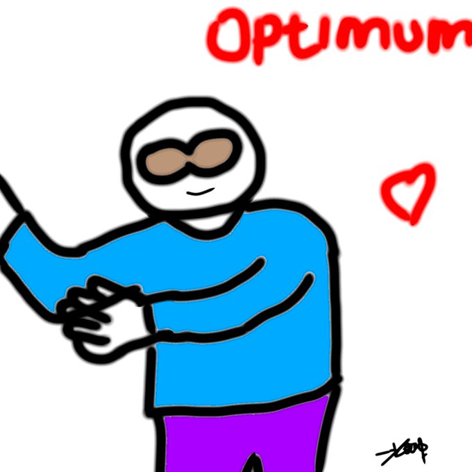 A cartoon drawing of a person in a blue shirt and purple pants, with the word 'Optimum' in red handwritten text above and a small heart to the side.