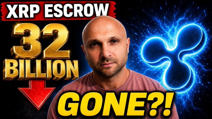A bald man in a pink shirt stands between bold graphics reading "XRP ESCROW 32 BILLION" with a red down arrow and "GONE?!!" next to a glowing blue XRP logo, visually reinforcing the post's breaking claim that 32 billion XRP has been released from escrow, signaling a major shift in XRP's supply.