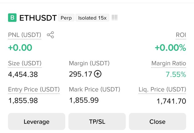 A trading interface displays an active ETHUSDT perpetual long position on isolated 15x leverage, with an entry price of 1,855.98 USDT, size of 4,454.38 USDT, and a liquidation price of 1,741.70 USDT. The post's stop-loss at 1840 sits roughly $100 above the liquidation price, reflecting the high-risk nature of the leveraged setup.