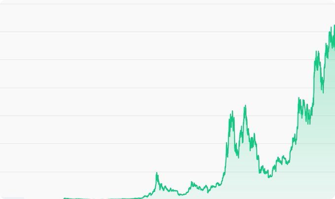 A green line chart showing an overall upward trend with significant volatility, depicting rising peaks over time.