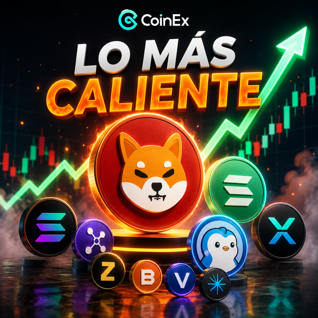 A CoinEx cryptocurrency promotional graphic titled 'LO MÁS CALIENTE' featuring various crypto coin logos including Shiba Inu, Solana, XRP, and others with an upward green chart arrow.