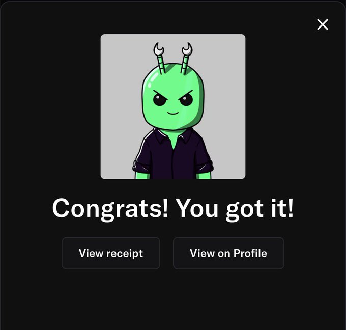A celebratory pop-up displays "Congrats! You got it!" featuring a green alien-like character with antennae wearing a dark jacket, alongside buttons to "View receipt" or "View on Profile." The image corresponds to the post's announcement of successfully purchasing the Chill Bugs NFT character for the project wallet.