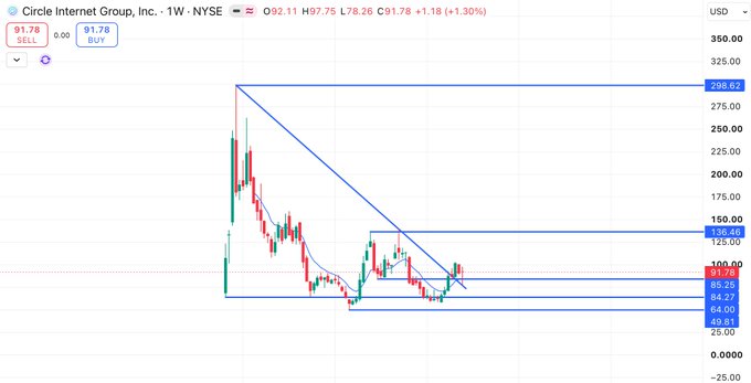 A weekly candlestick chart for Circle Internet Group, Inc. (NYSE) shows the stock price currently at 91.78, consolidating within a descending triangle pattern.
