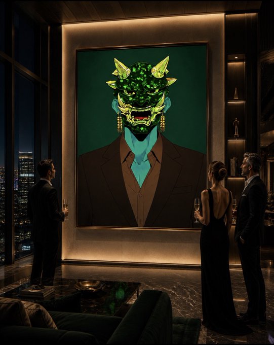 Two elegantly dressed guests admire a striking large-scale NFT digital artwork of a figure wearing a vivid green jade demon mask in a dimly lit luxury high-rise interior. The piece exemplifies the kind of bold, high-end digital art being created by NFT artists that the post celebrates.