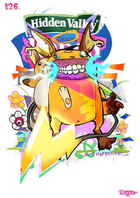 A vibrant, graffiti-style illustration features a Raichu surrounded by bold colors and lightning bolts, with a 'Hidden Valley' ranch dressing logo in the background and the text 'WHAT HAPPENED?' along with '026.'