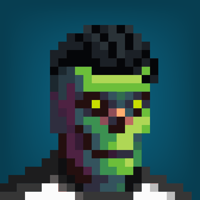 A pixel-art portrait of a green-skinned, undead character with dark hair, yellow glowing eyes, and a wide grin against a teal background. The stylized image visually represents the "@GenuinelyUndead" persona mentioned in the post, fitting the "IYKYK" (If You Know, You Know) sentiment.